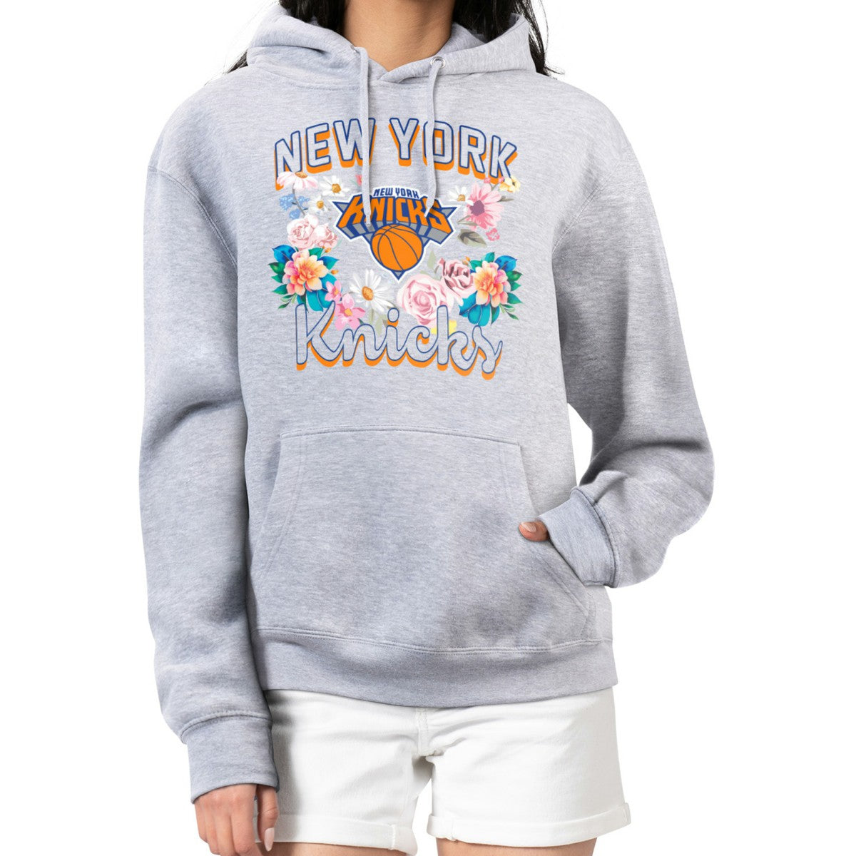 New York Knicks G-III 4Her by Carl Banks Women's Flowers Team Logo Graphic Fleece Pullover Hoodie