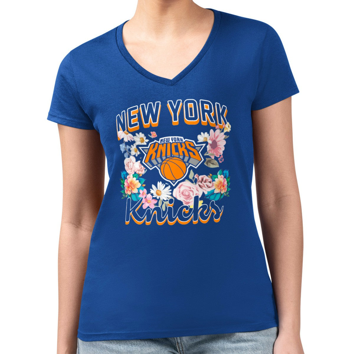 New York Knicks G-III 4Her by Carl Banks Women's Super-Slim Fit Lightweight Flowers Team Logo Graphic V-Neck T-Shirt