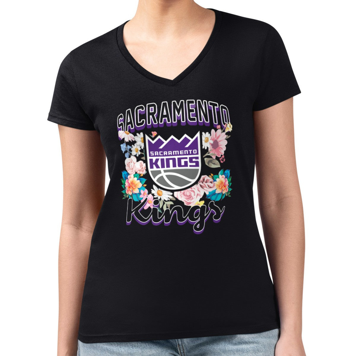 Sacramento Kings G-III 4Her by Carl Banks Women's Super-Slim Fit Lightweight Flowers Team Logo Graphic V-Neck T-Shirt