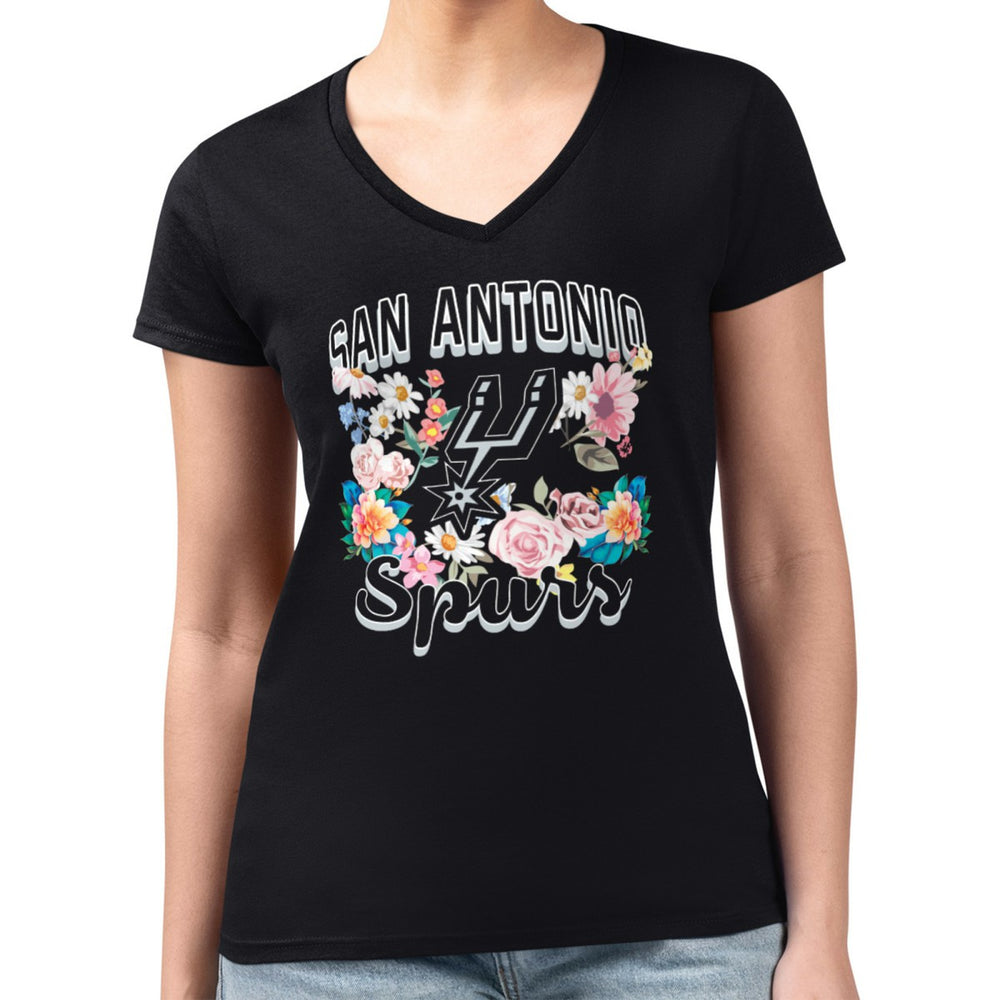 San Antonio Spurs G-III 4Her by Carl Banks Women's Super-Slim Fit Lightweight Flowers Team Logo Graphic V-Neck T-Shirt