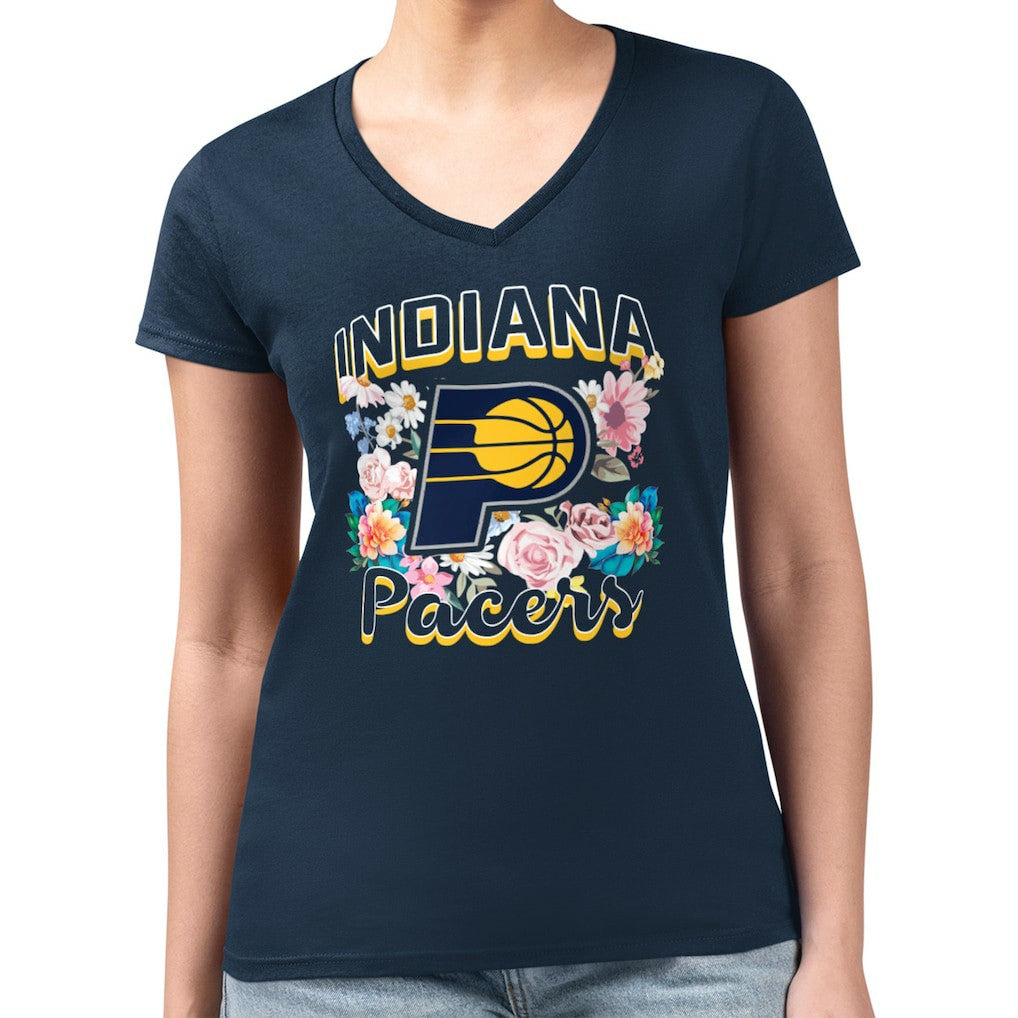 Indiana Pacers G-III 4Her by Carl Banks Women's Super-Slim Fit Lightweight Flowers Team Logo Graphic V-Neck T-Shirt
