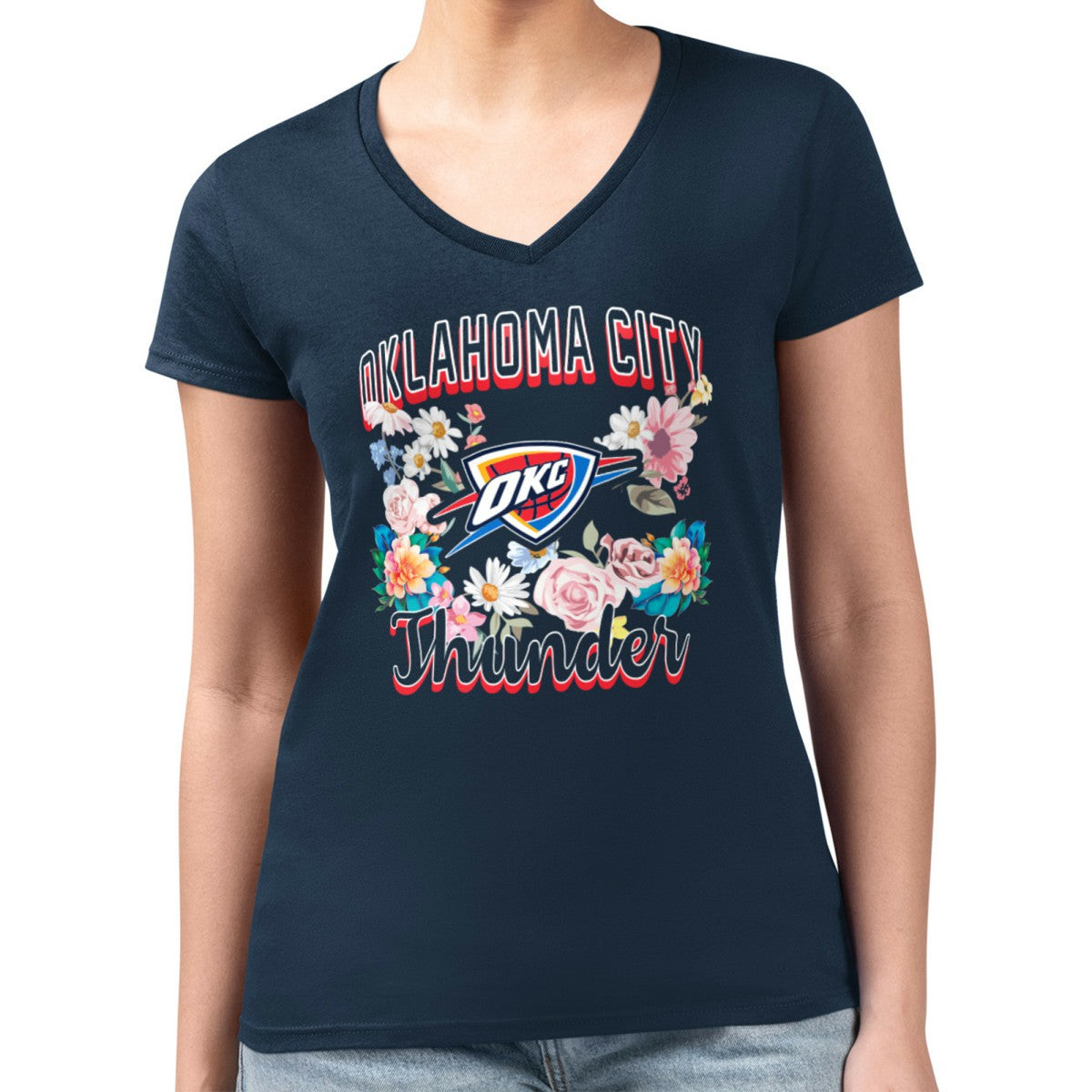 Oklahoma City Thunder G-III 4Her by Carl Banks Women's Super-Slim Fit Lightweight Flowers Team Logo Graphic V-Neck T-Shirt
