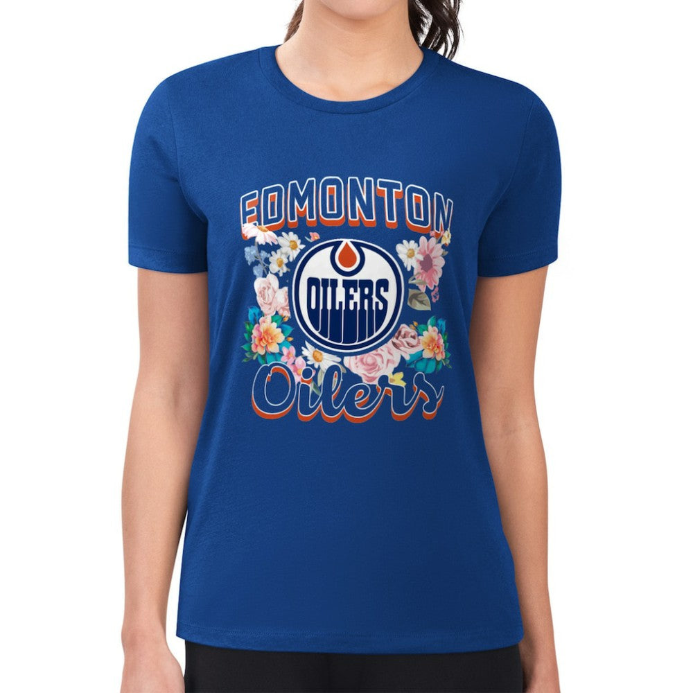 NHL Edmonton Oilers G-III 4Her by Carl Banks Women's Super-Slim Fit Lightweight Flower Logo T-Shirt