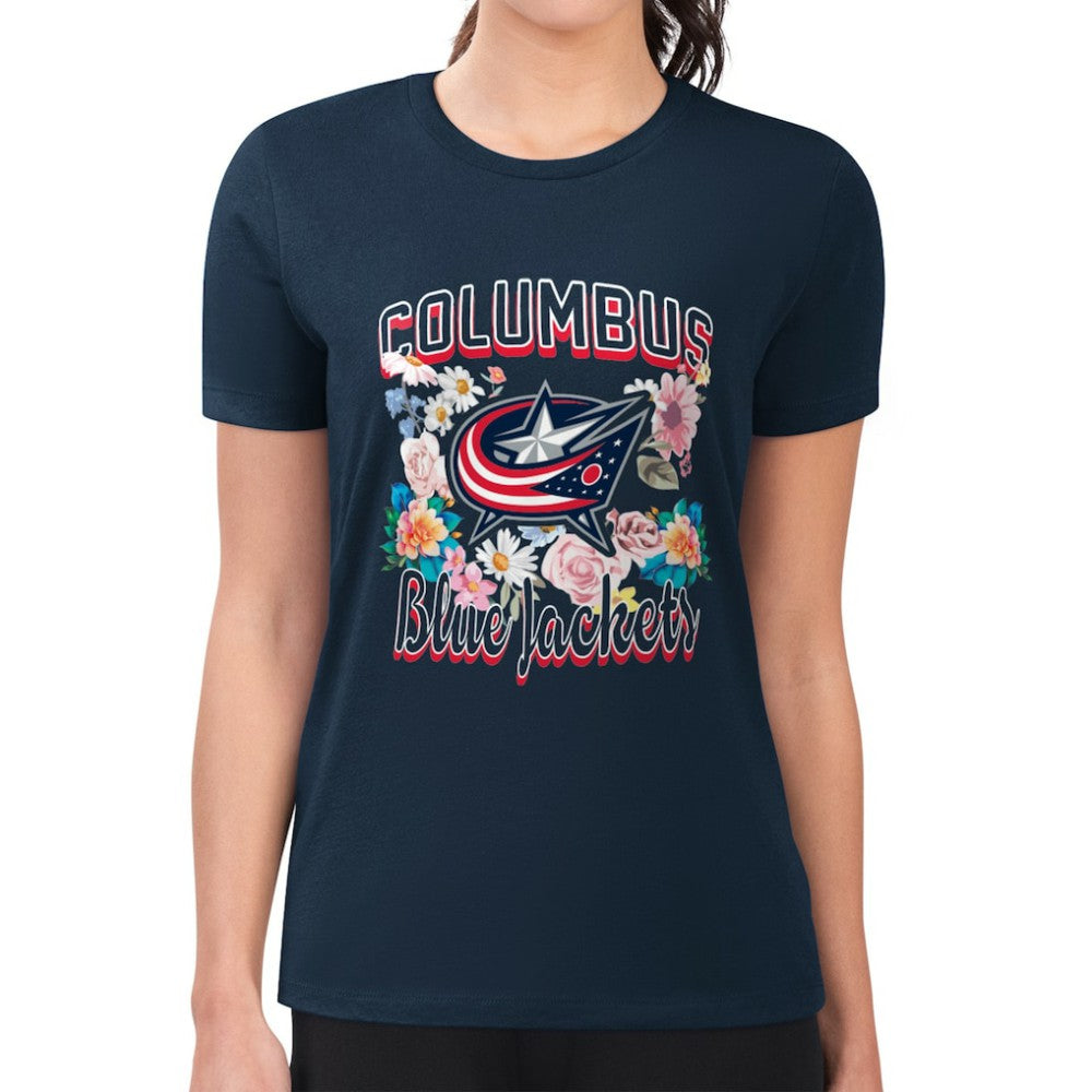 NHL Columbus Blue Jackets G-III 4Her by Carl Banks Women's Super-Slim Fit Lightweight Flower Logo T-Shirt