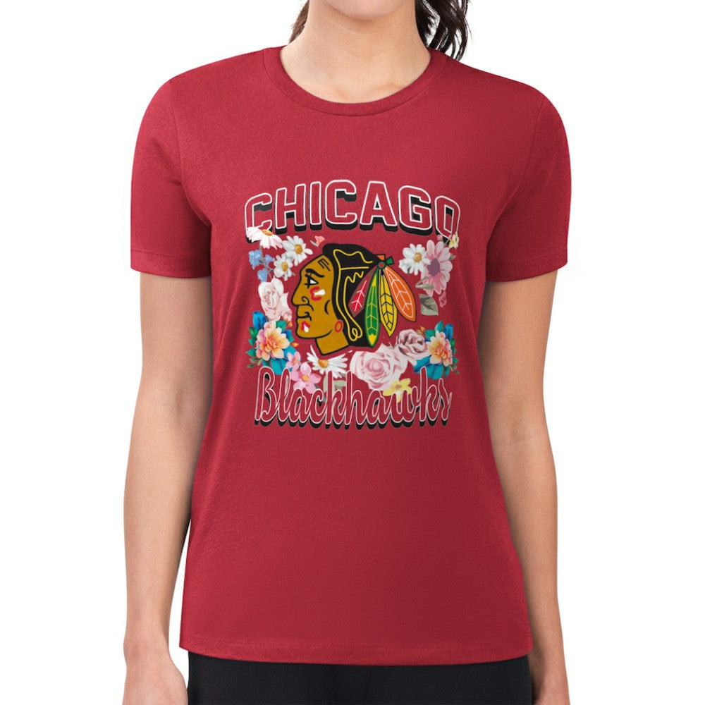 NHL Chicago Blackhawks G-III 4Her by Carl Banks Women's Super-Slim Fit Lightweight Flower Logo T-Shirt