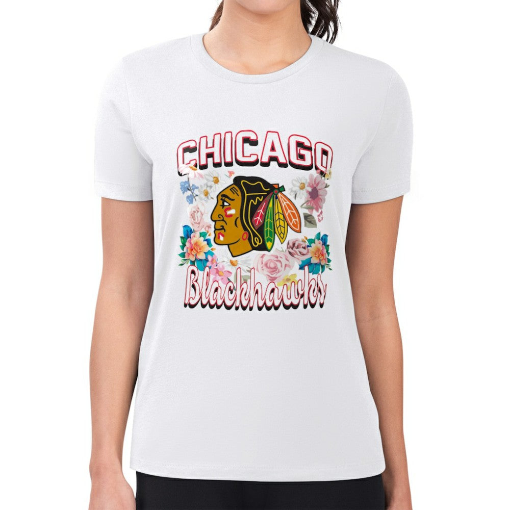 NHL Chicago Blackhawks G-III 4Her by Carl Banks Women's Super-Slim Fit Lightweight Flower Logo T-Shirt