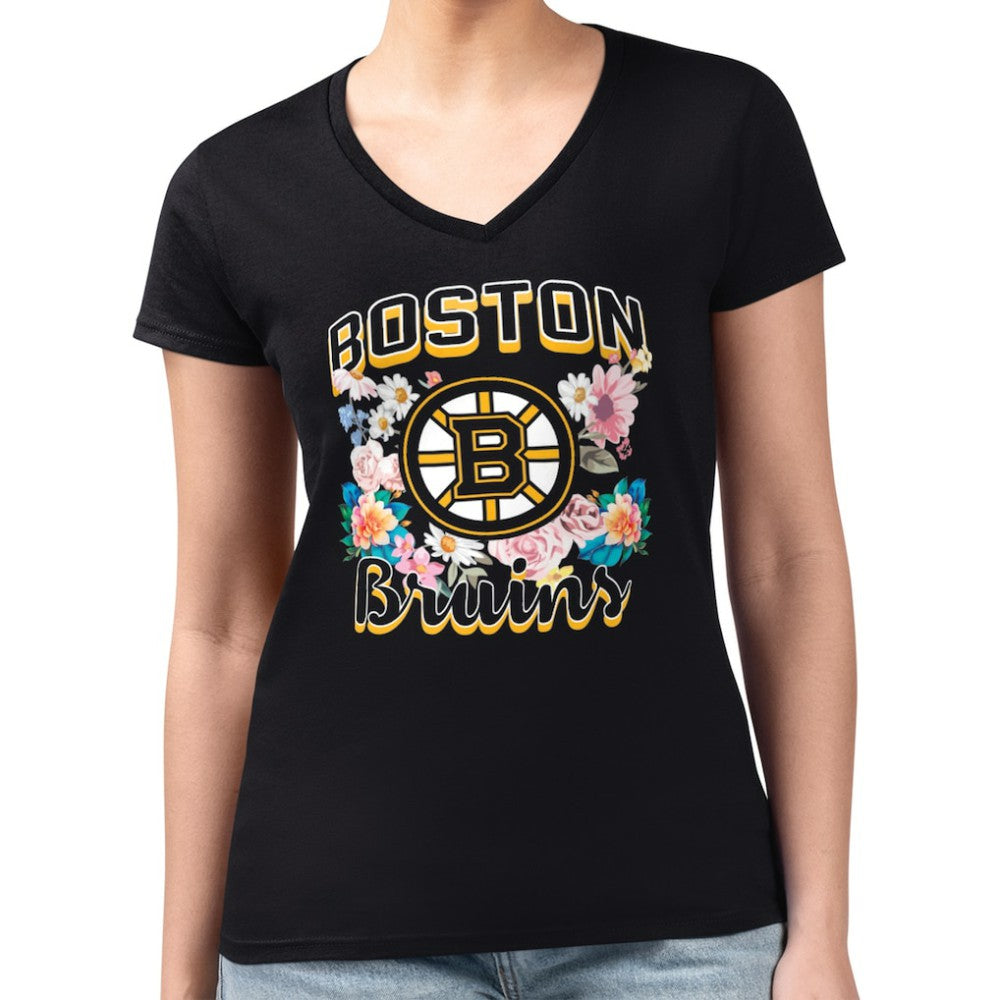 NHL Boston Bruins G-III 4Her by Carl Banks Women's Super-Slim Fit Lightweight Flower Logo V-Neck T-Shirt