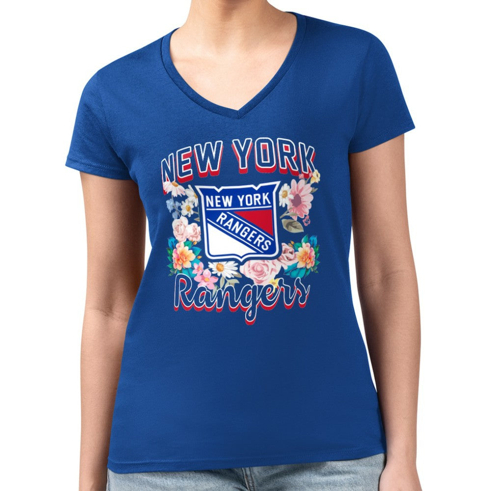 NHL New York Rangers G-III 4Her by Carl Banks Women's Super-Slim Fit Lightweight Flower Logo V-Neck T-Shirt