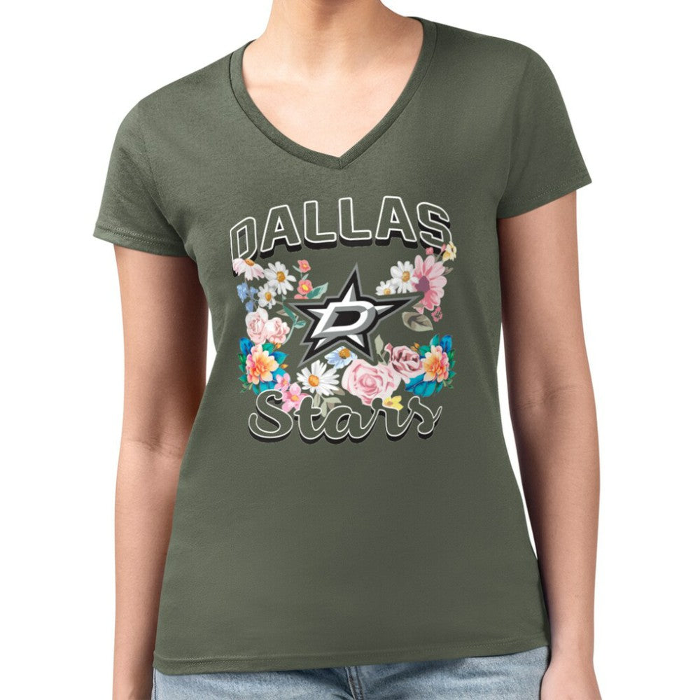 NHL Dallas Stars G-III 4Her by Carl Banks Women's Super-Slim Fit Lightweight Flower Logo V-Neck T-Shirt