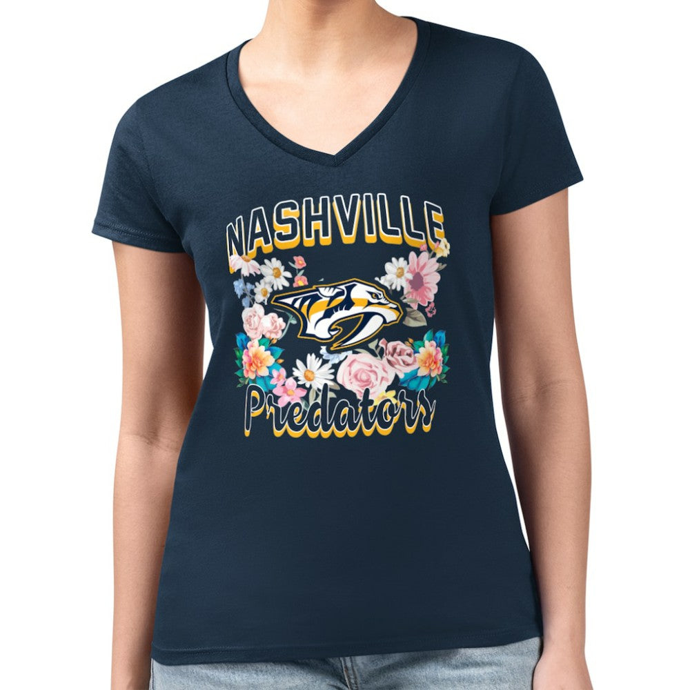 NHL Nashville Predators G-III 4Her by Carl Banks Women's Super-Slim Fit Lightweight Flower Logo V-Neck T-Shirt