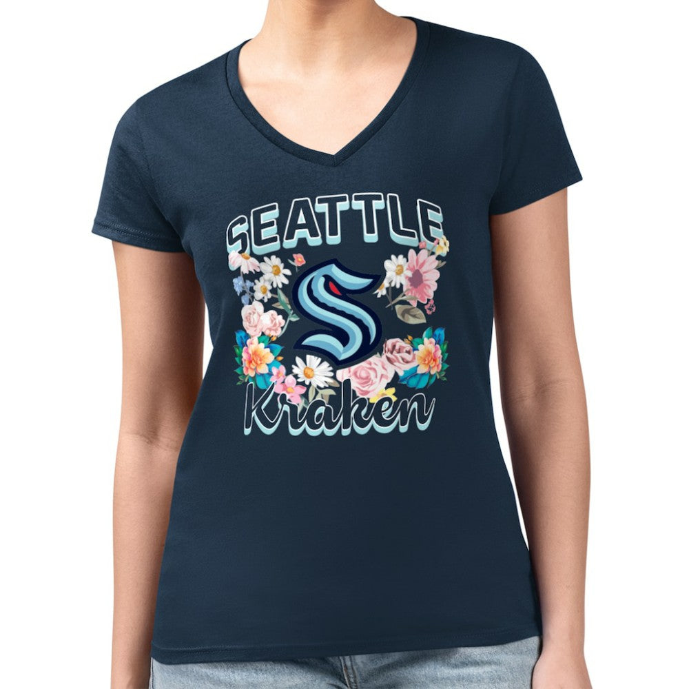NHL Seattle Kraken G-III 4Her by Carl Banks Women's Super-Slim Fit Lightweight Flower Logo V-Neck T-Shirt