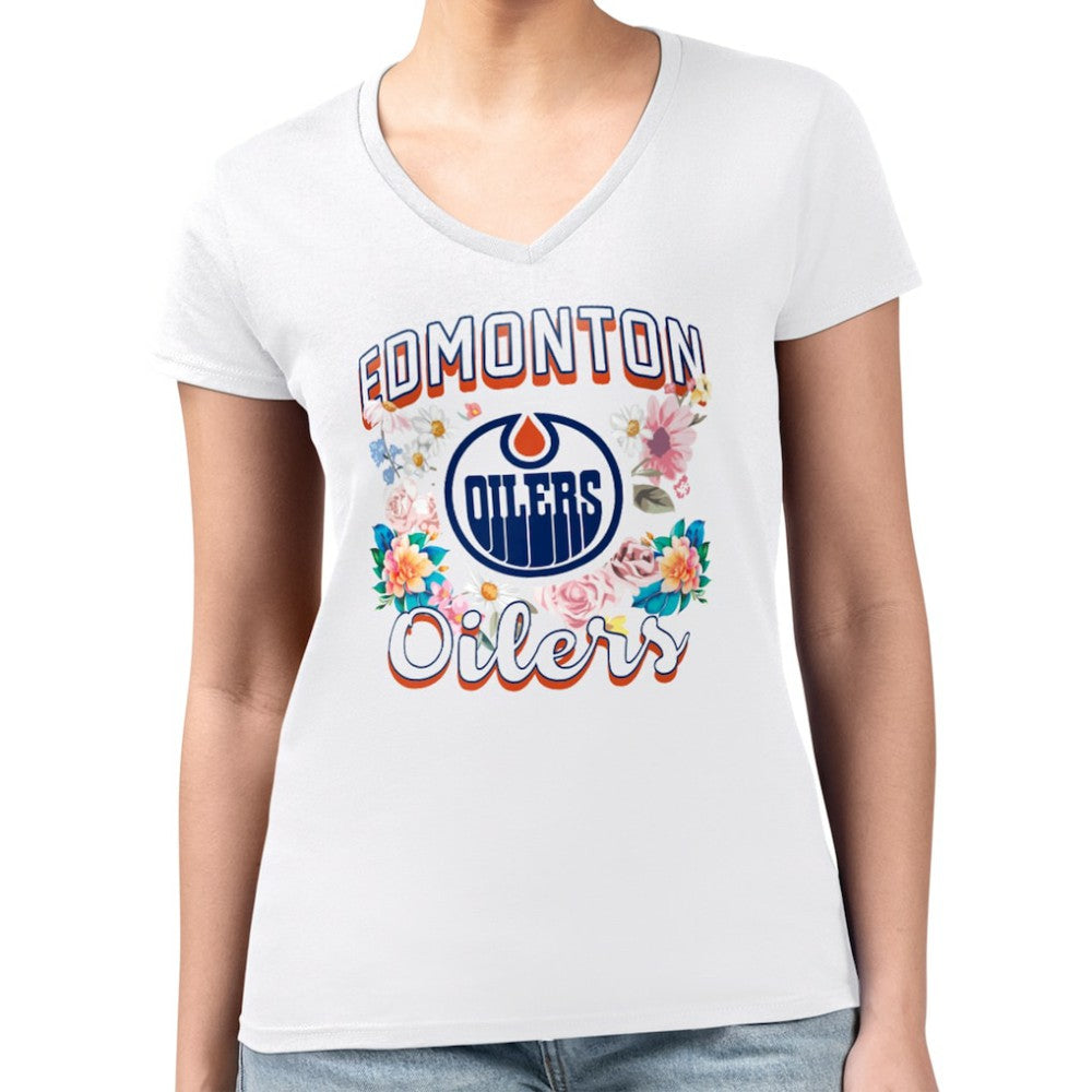 NHL Edmonton Oilers G-III 4Her by Carl Banks Women's Super-Slim Fit Lightweight Flower Logo V-Neck T-Shirt