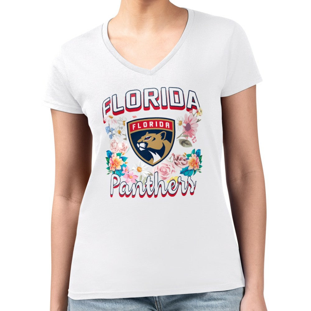 NHL Florida Panthers G-III 4Her by Carl Banks Women's Super-Slim Fit Lightweight Flower Logo V-Neck T-Shirt