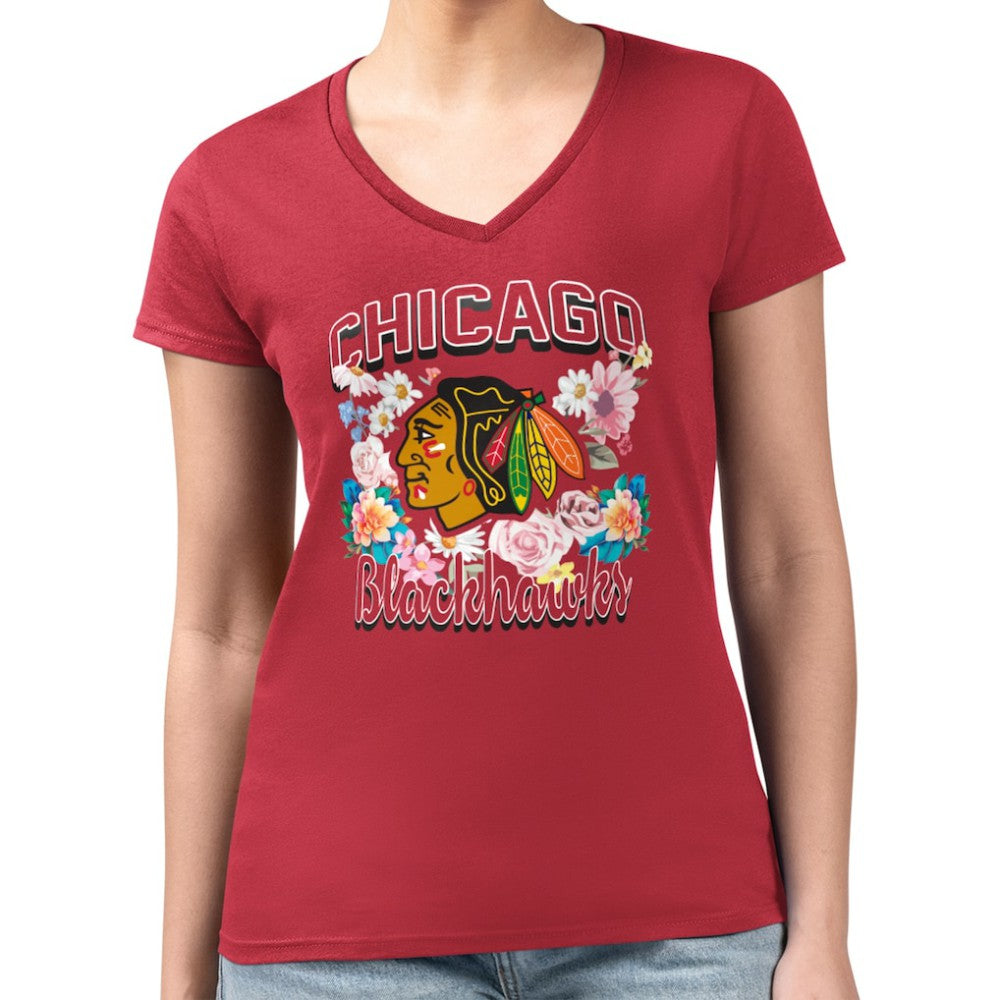 NHL Chicago Blackhawks G-III 4Her by Carl Banks Women's Super-Slim Fit Lightweight Flower Logo V-Neck T-Shirt