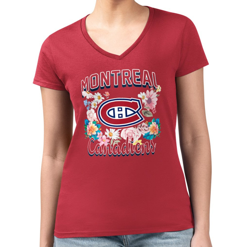 NHL Montreal Canadiens G-III 4Her by Carl Banks Women's Super-Slim Fit Lightweight Flower Logo V-Neck T-Shirt