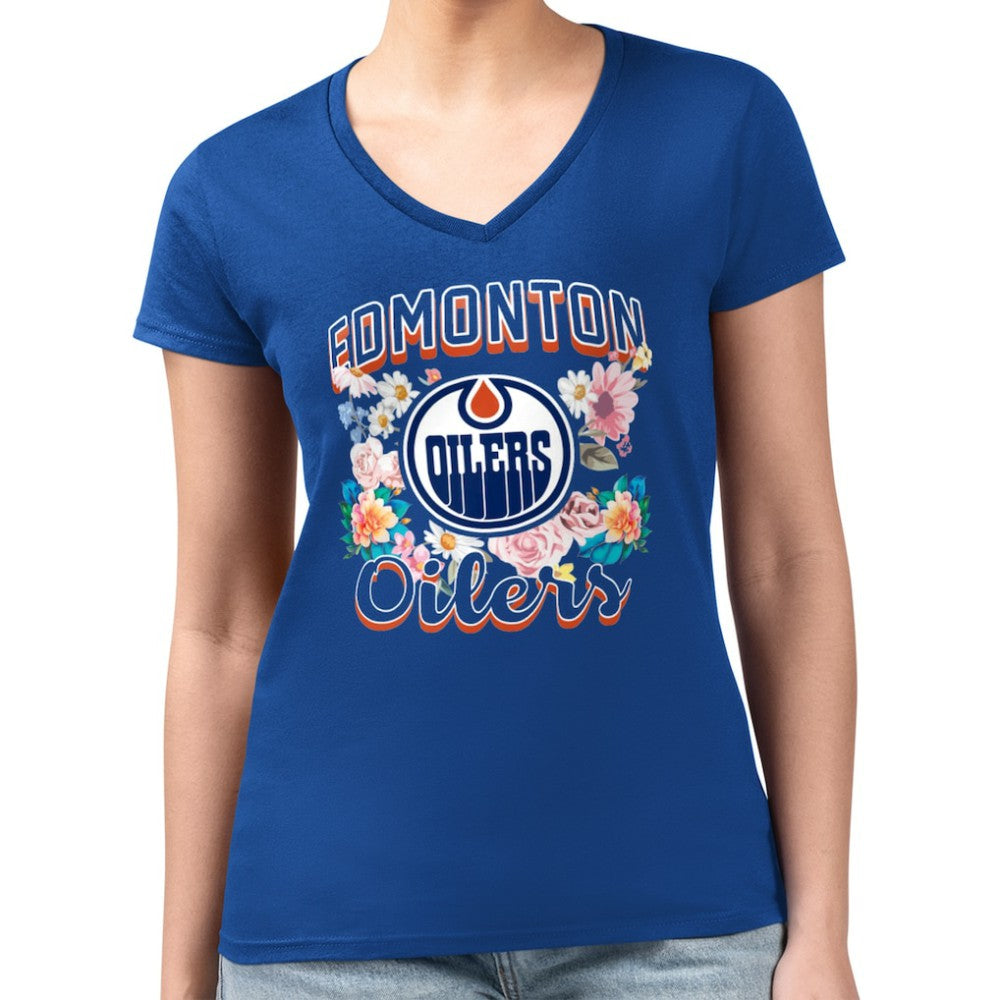 NHL Edmonton Oilers G-III 4Her by Carl Banks Women's Super-Slim Fit Lightweight Flower Logo V-Neck T-Shirt