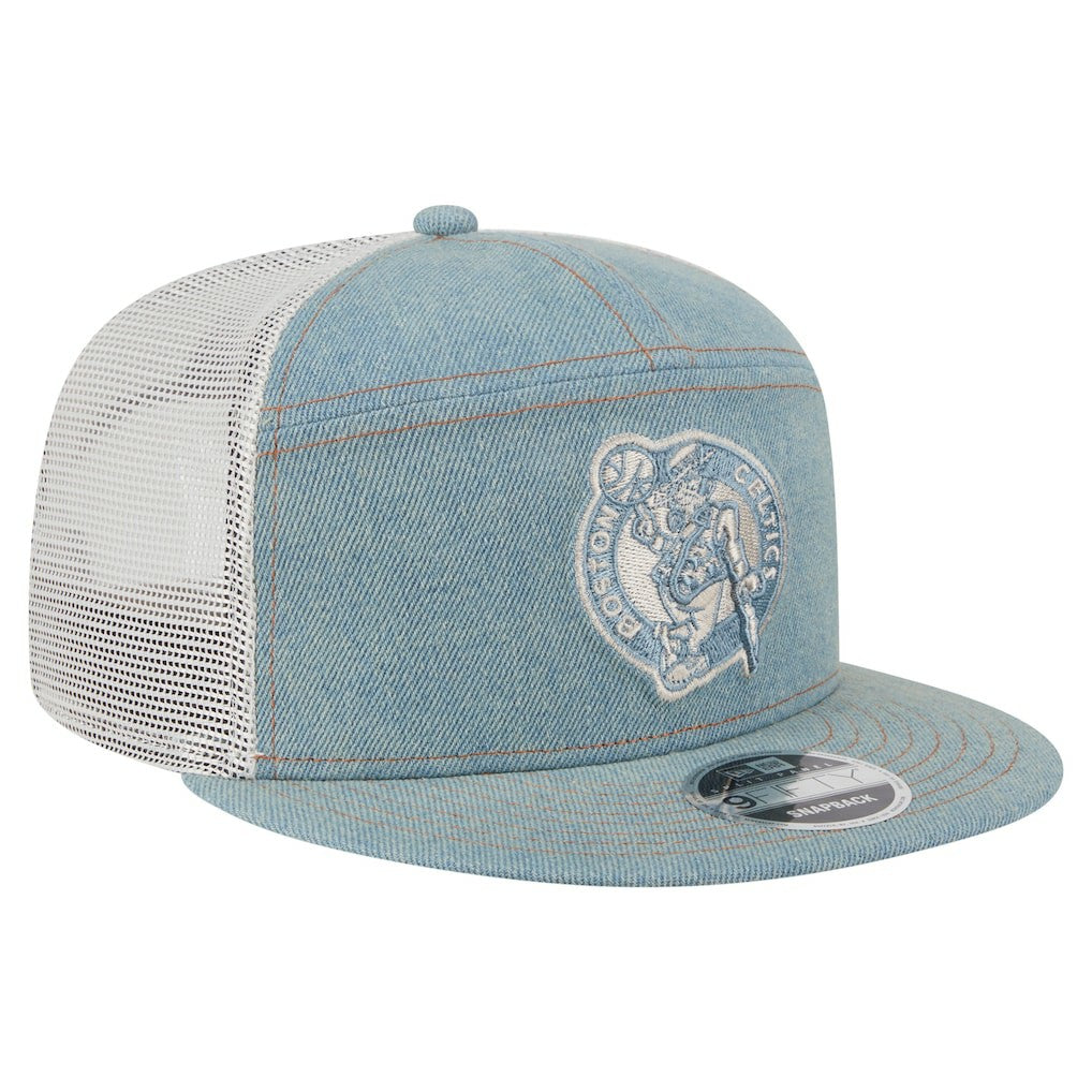 New Era Boston Celtics Adventure Denim Split Panel 9FIFTY Snapback Trucker Hat
