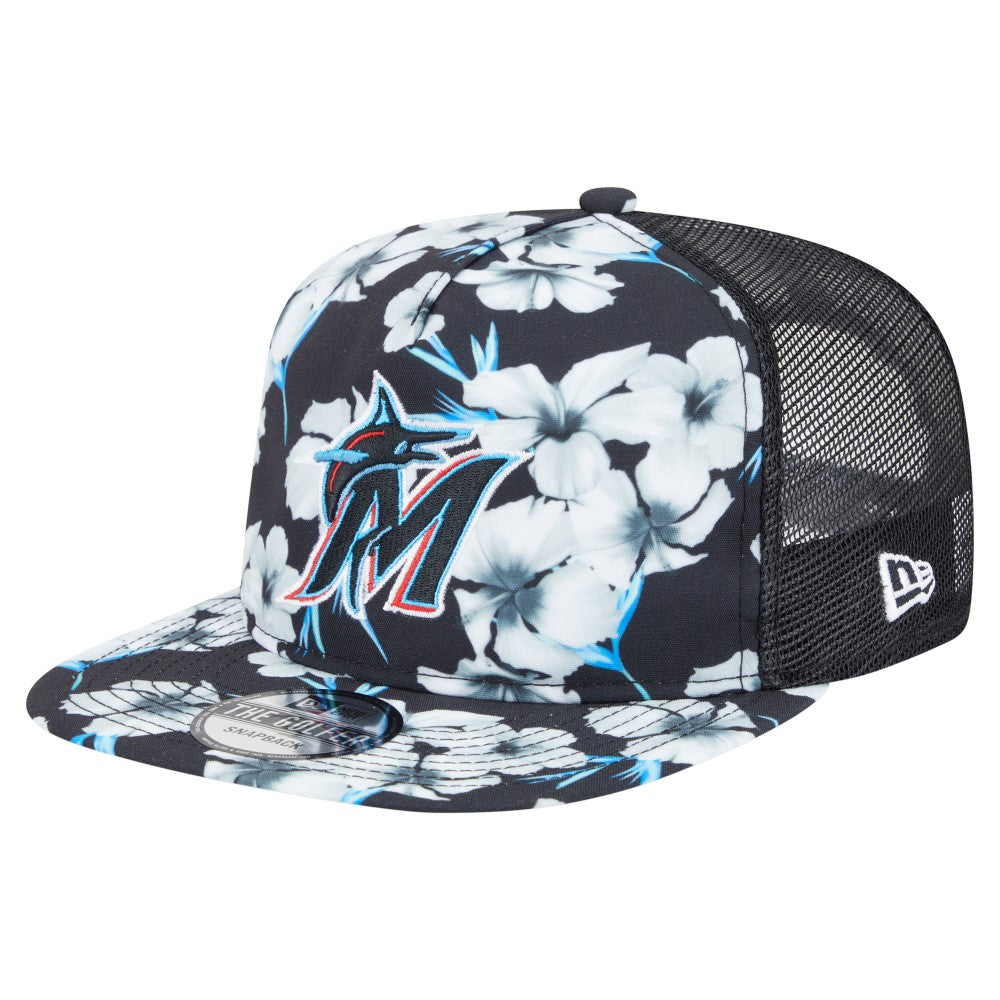 Black Miami Marlins New Era Adventure Pattern Golfer Trucker Snapback Hat