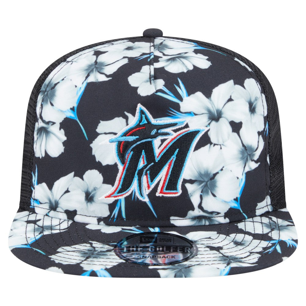 Black Miami Marlins New Era Adventure Pattern Golfer Trucker Snapback Hat