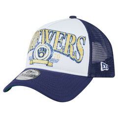 White Milwaukee Brewers New Era Distressed 9FORTY A-Frame Adjustable Trucker Hat