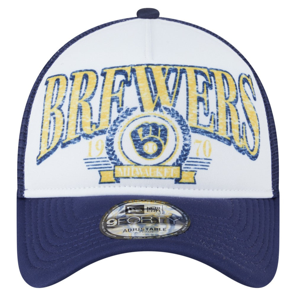 White Milwaukee Brewers New Era Distressed 9FORTY A-Frame Adjustable Trucker Hat