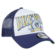White Milwaukee Brewers New Era Distressed 9FORTY A-Frame Adjustable Trucker Hat