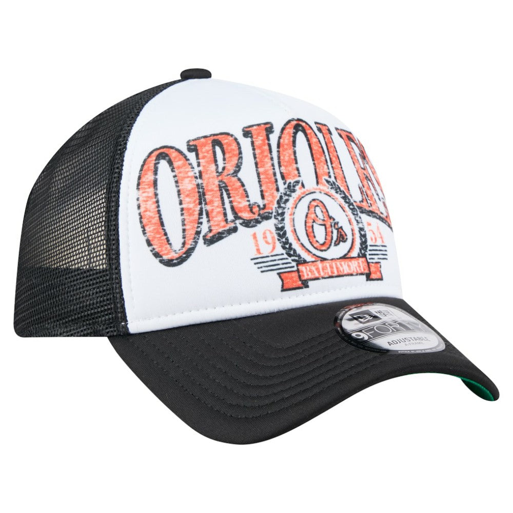 Black Baltimore Orioles New Era Distressed 9FORTY A-Frame Adjustable Trucker Hat