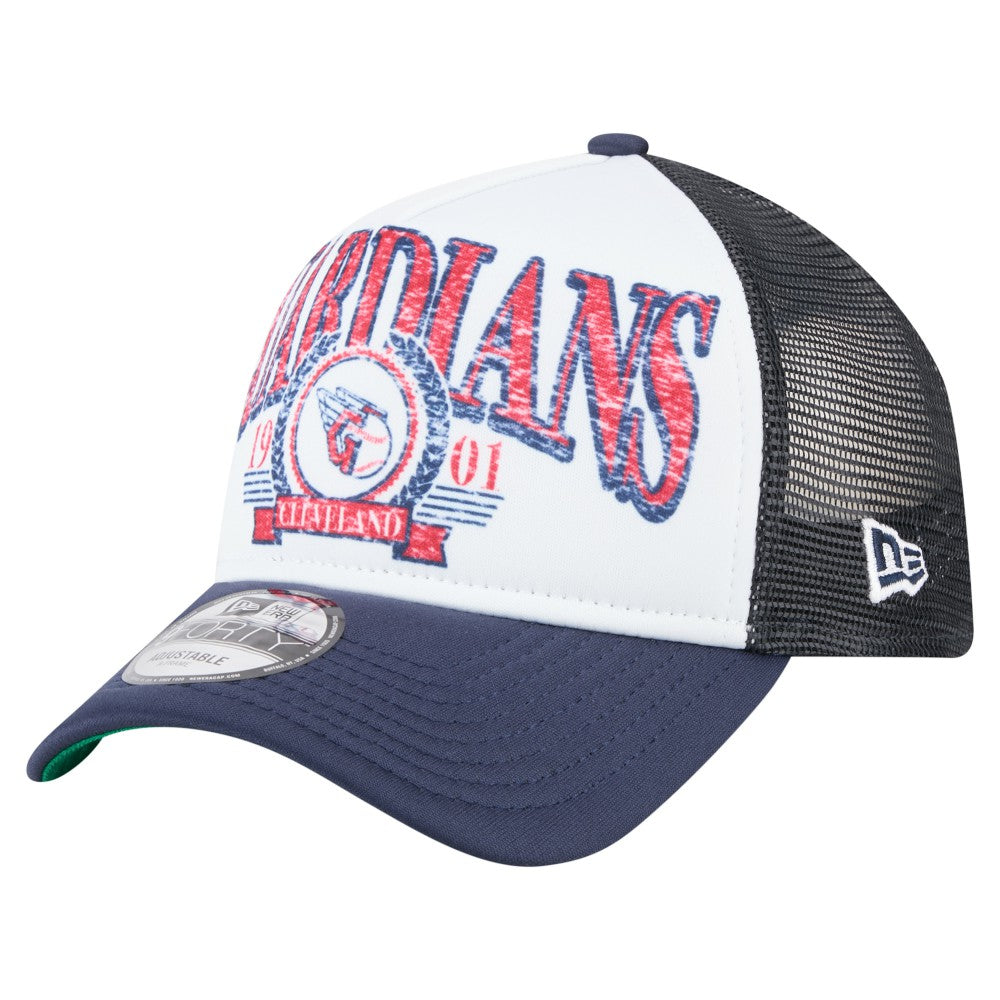 White/Navy Cleveland Guardians New Era Distressed 9FORTY A-Frame Adjustable Trucker Hat