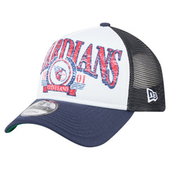 White/Navy Cleveland Guardians New Era Distressed 9FORTY A-Frame Adjustable Trucker Hat