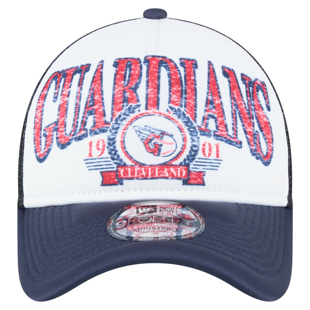 White/Navy Cleveland Guardians New Era Distressed 9FORTY A-Frame Adjustable Trucker Hat