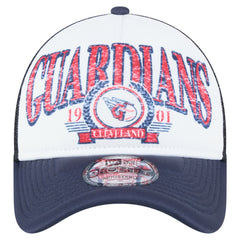 White/Navy Cleveland Guardians New Era Distressed 9FORTY A-Frame Adjustable Trucker Hat