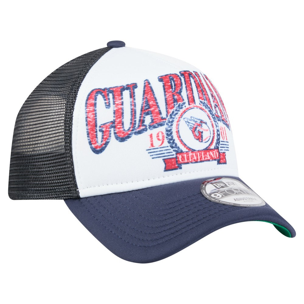 White/Navy Cleveland Guardians New Era Distressed 9FORTY A-Frame Adjustable Trucker Hat