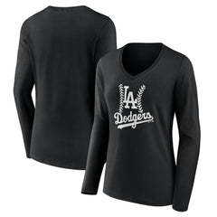 Black Los Angeles Dodgers Women's Fastball Long Sleeve V-Neck T-Shirt