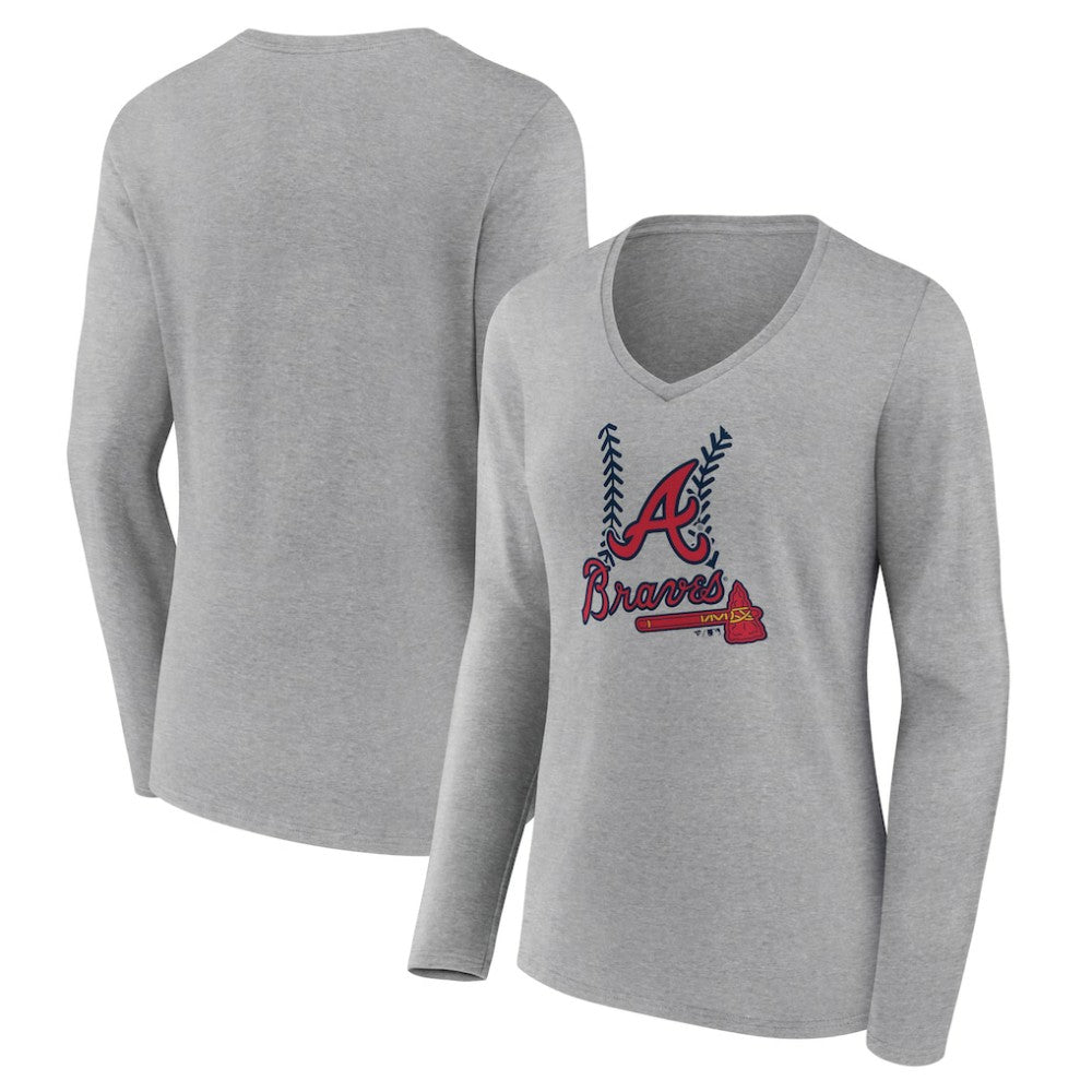 Gray Atlanta Braves Women's Fastball Long Sleeve V-Neck T-Shirt