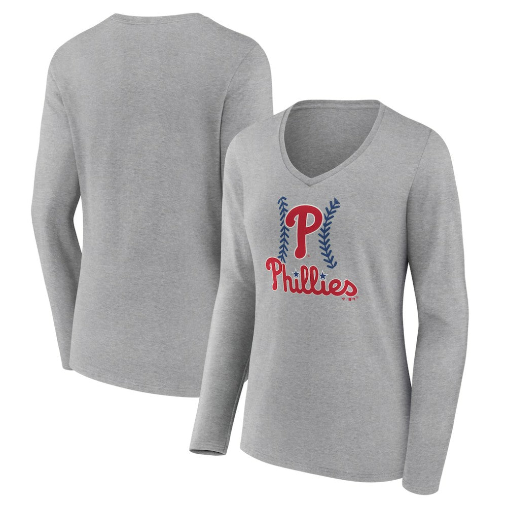 Gray Philadelphia Phillies Women's Fastball Long Sleeve V-Neck T-Shirt