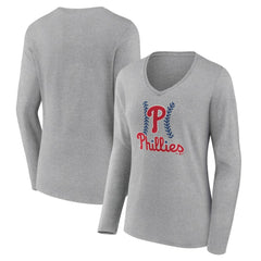 Gray Philadelphia Phillies Women's Fastball Long Sleeve V-Neck T-Shirt