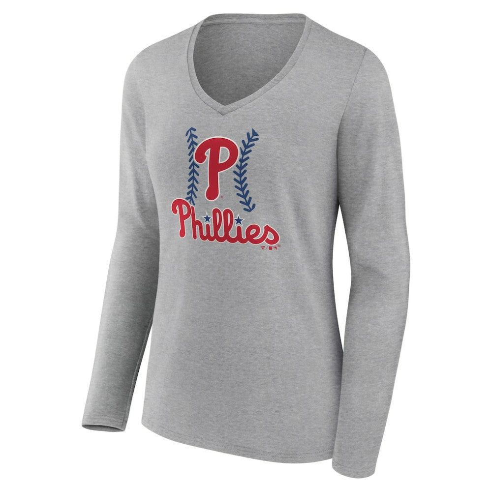 Gray Philadelphia Phillies Women's Fastball Long Sleeve V-Neck T-Shirt
