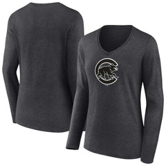 Charcoal Chicago Cubs Women's Monochrome Long Sleeve V-Neck T-Shirt
