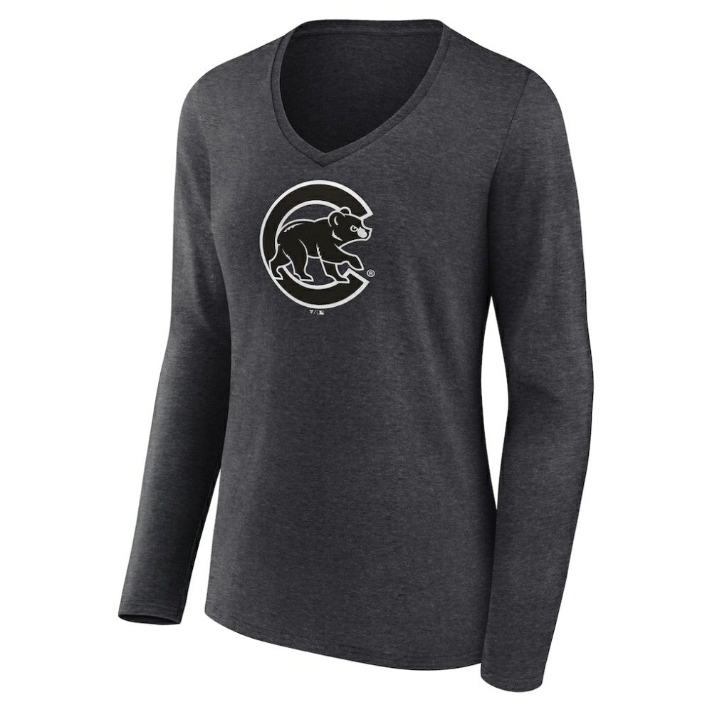 Charcoal Chicago Cubs Women's Monochrome Long Sleeve V-Neck T-Shirt
