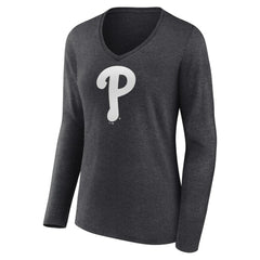 Charcoal Philadelphia Phillies Women's Monochrome Long Sleeve V-Neck T-Shirt