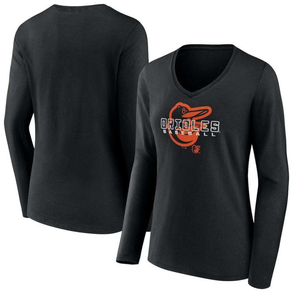 Black Baltimore Orioles Women's Stellar Long Sleeve V-Neck T-Shirt