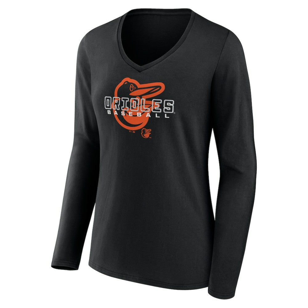 Black Baltimore Orioles Women's Stellar Long Sleeve V-Neck T-Shirt