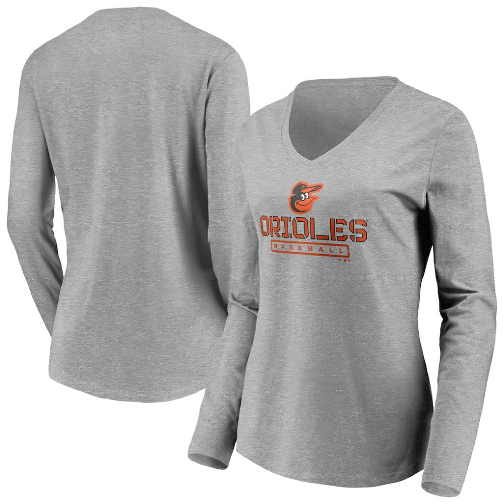 Gray Baltimore Orioles Women's Evanston Stencil Long Sleeve V-Neck T-Shirt