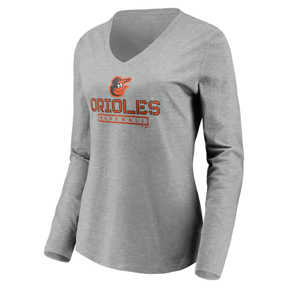 Gray Baltimore Orioles Women's Evanston Stencil Long Sleeve V-Neck T-Shirt