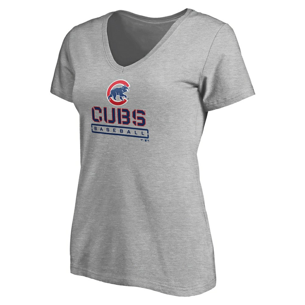 Gray Chicago Cubs Women's Evanston Stencil V-Neck T-Shirt