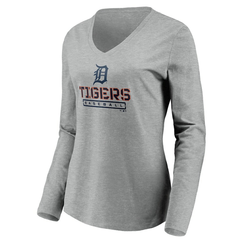 Gray Detroit Tigers Women's Evanston Stencil Long Sleeve V-Neck T-Shirt