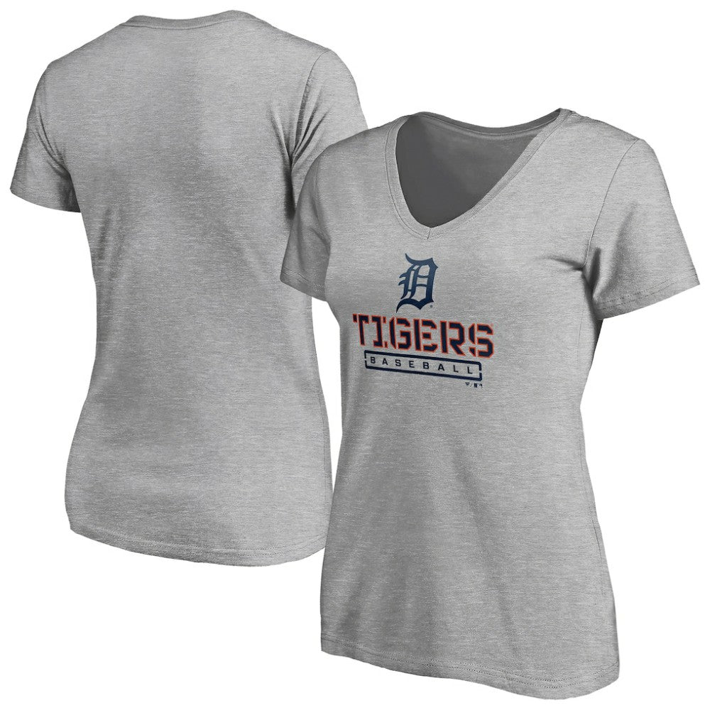 Gray Detroit Tigers Women's Evanston Stencil V-Neck T-Shirt