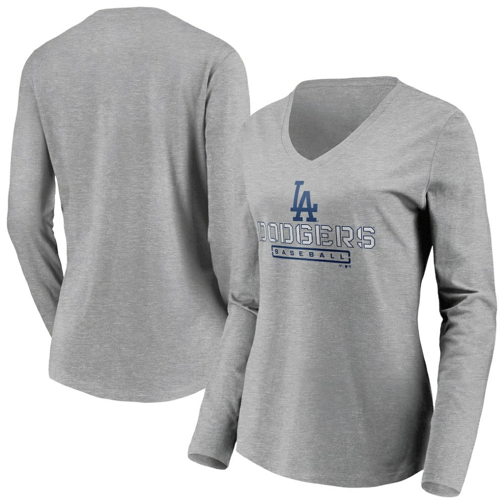 Gray Los Angeles Dodgers Women's Evanston Stencil Long Sleeve V-Neck T-Shirt