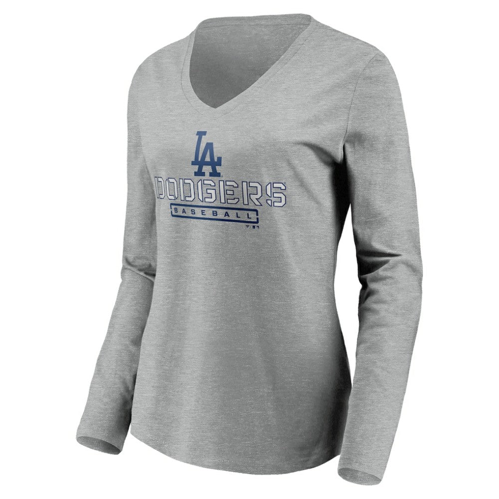 Gray Los Angeles Dodgers Women's Evanston Stencil Long Sleeve V-Neck T-Shirt