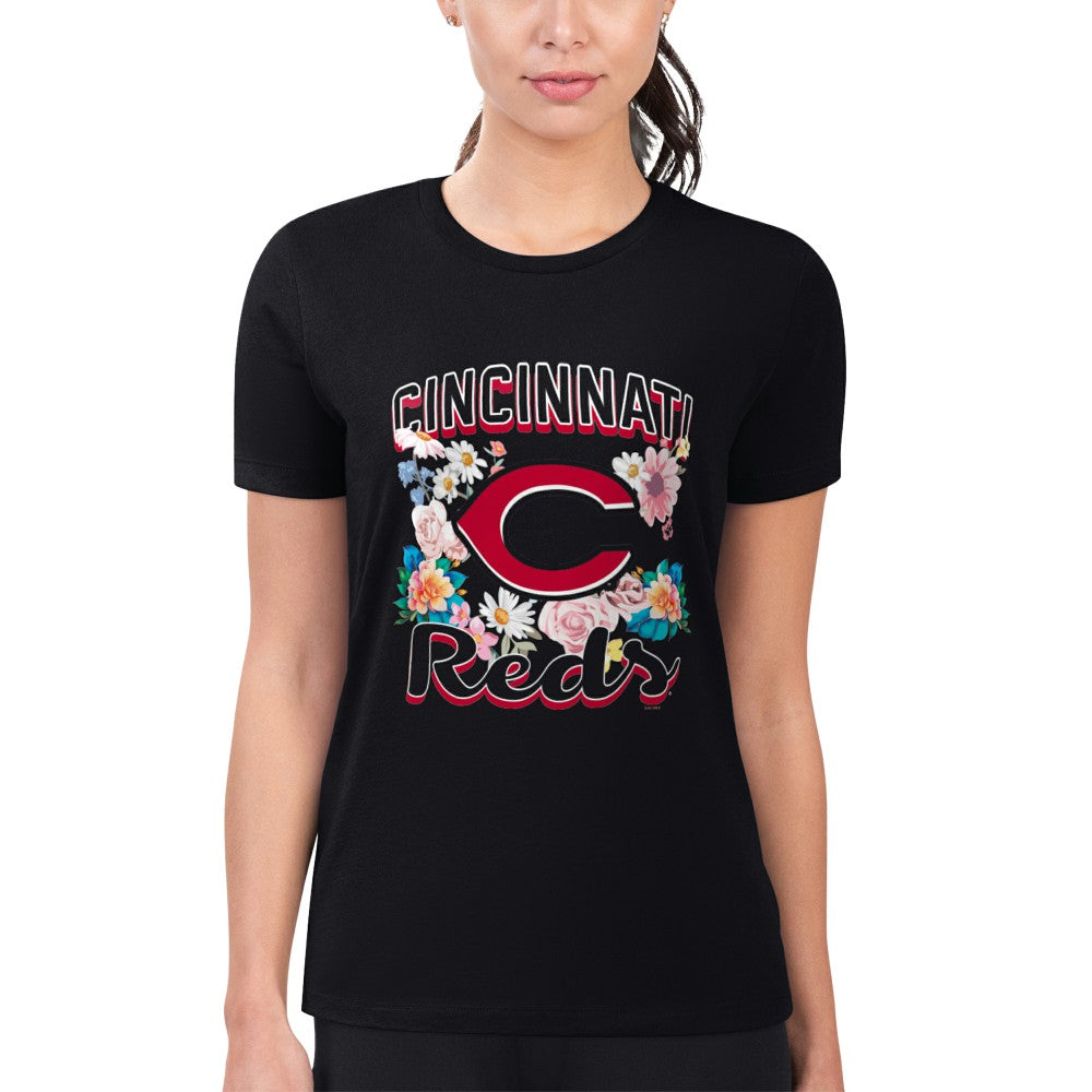 Black Cincinnati Reds G-III 4Her by Carl Banks Women's Super-Slim Fit Lightweight Flowers Graphic T-Shirt